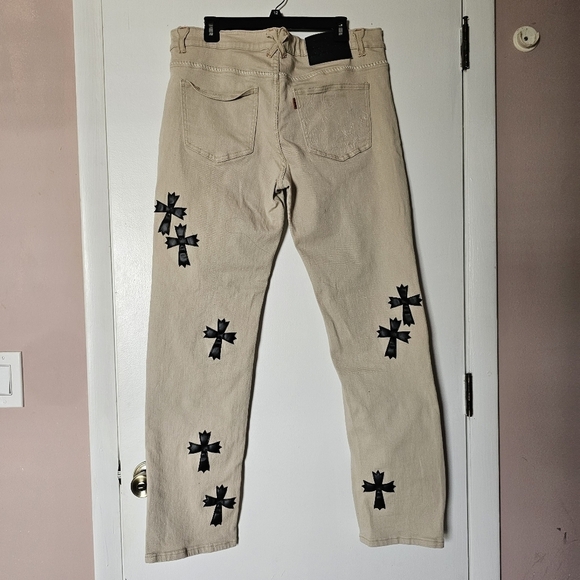 BRAND X beige distressed cross embellished skull print unique streetwear jeans - Picture 2 of 10
